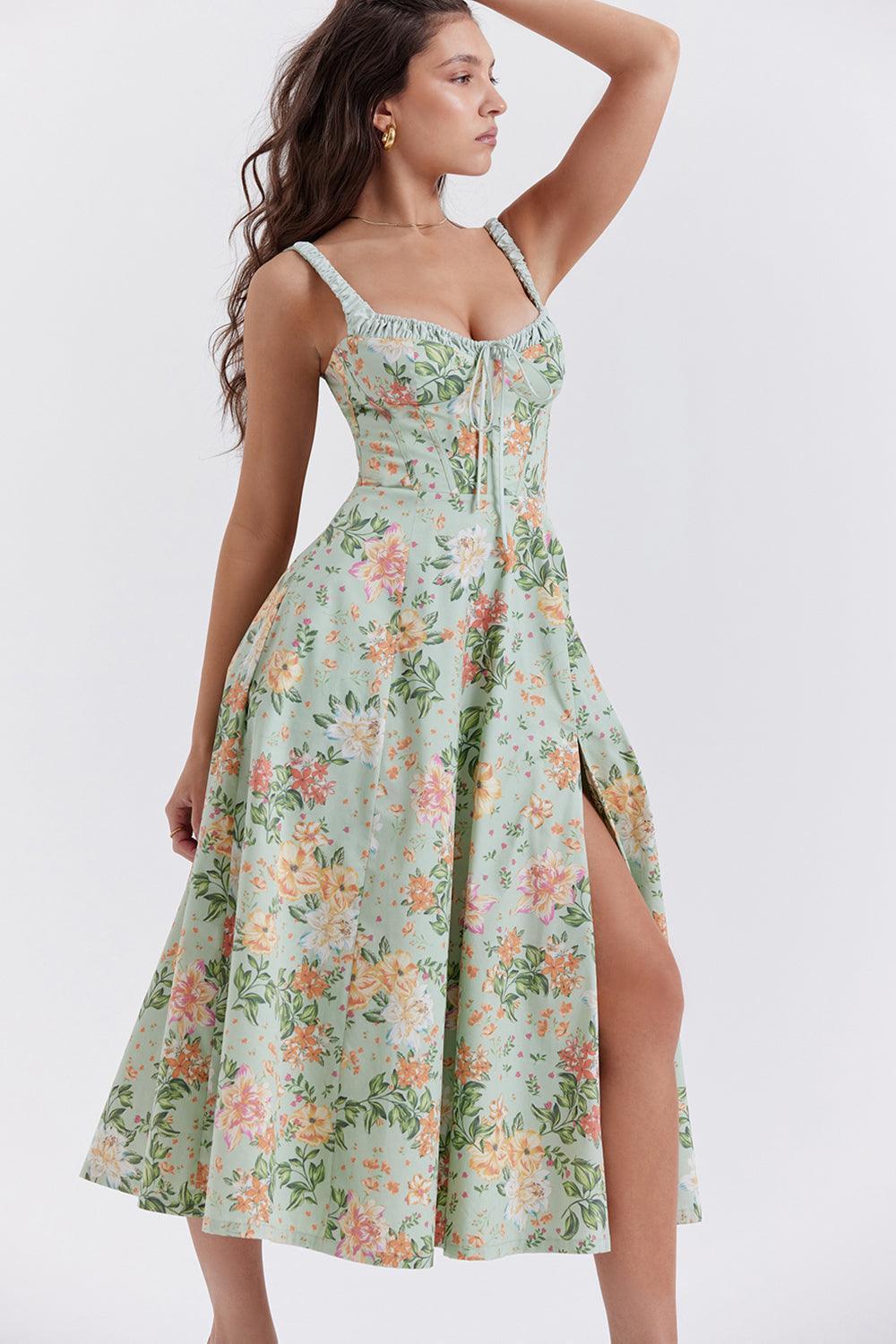 Vestido Midi Verde con Estampado Floral