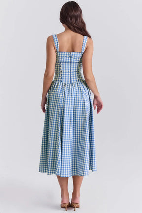 Largo Vestido Femenino de Estampado Cuadrado