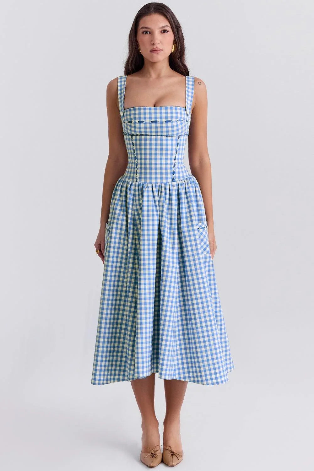 Largo Vestido Femenino de Estampado Cuadrado