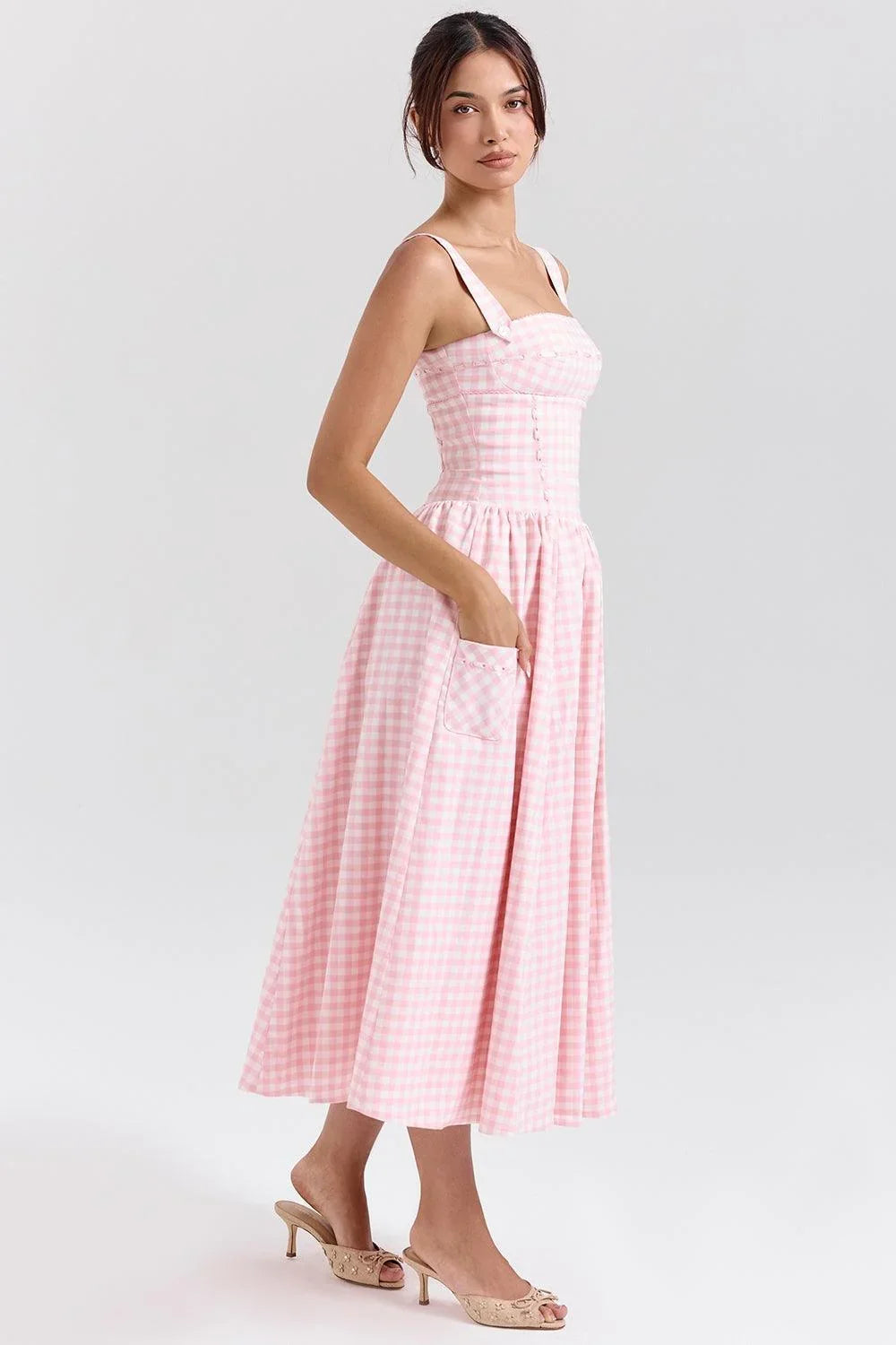 Largo Vestido Femenino de Estampado Cuadrado