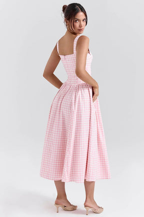 Largo Vestido Femenino de Estampado Cuadrado